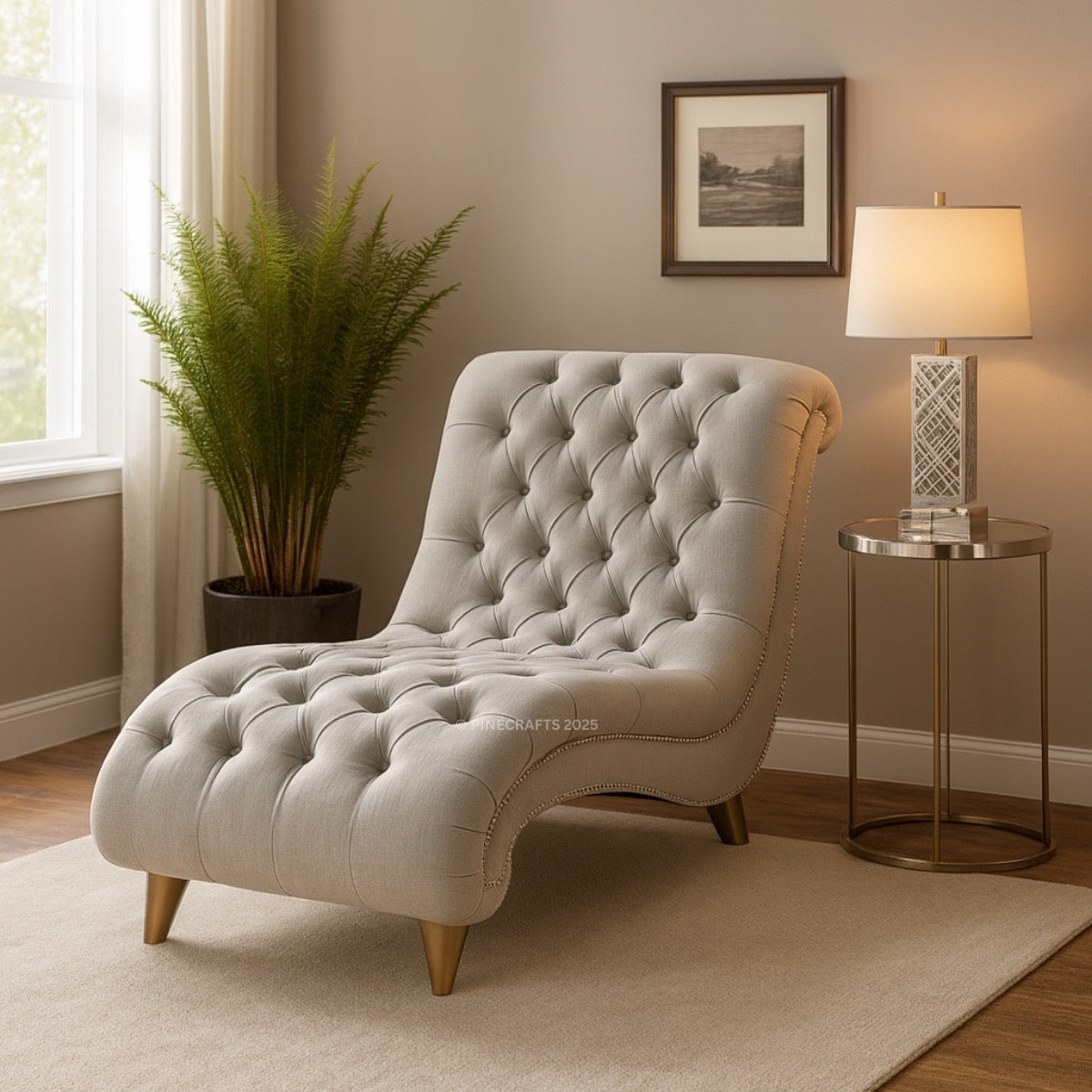 Gray tufted lounge chair in a living room setting with a side table and lamp.